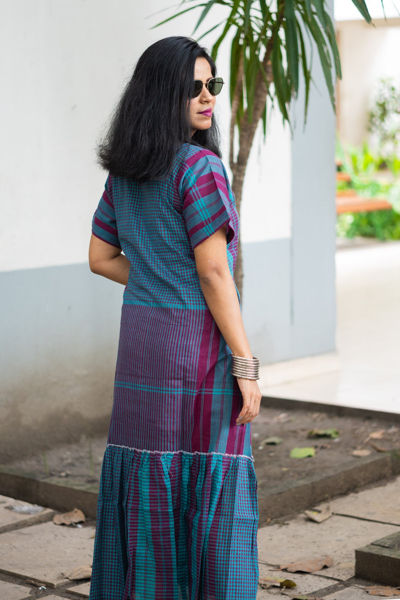 Gamcha Handloom Tiered Maxi Dress — Teal Magenta Check