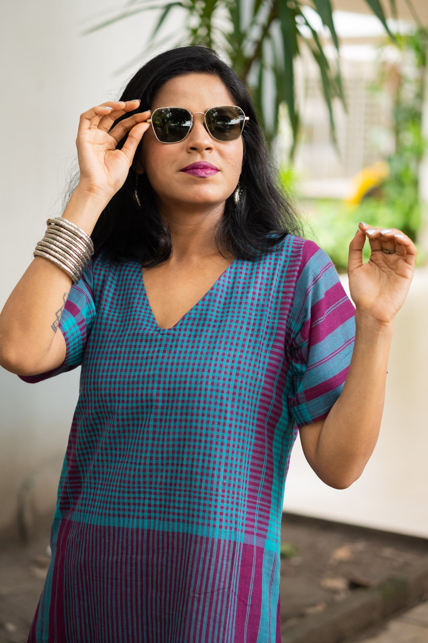 Gamcha Handloom Tiered Maxi Dress — Teal Magenta Check