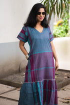 Gamcha Handloom Tiered Maxi Dress — Teal Magenta Check