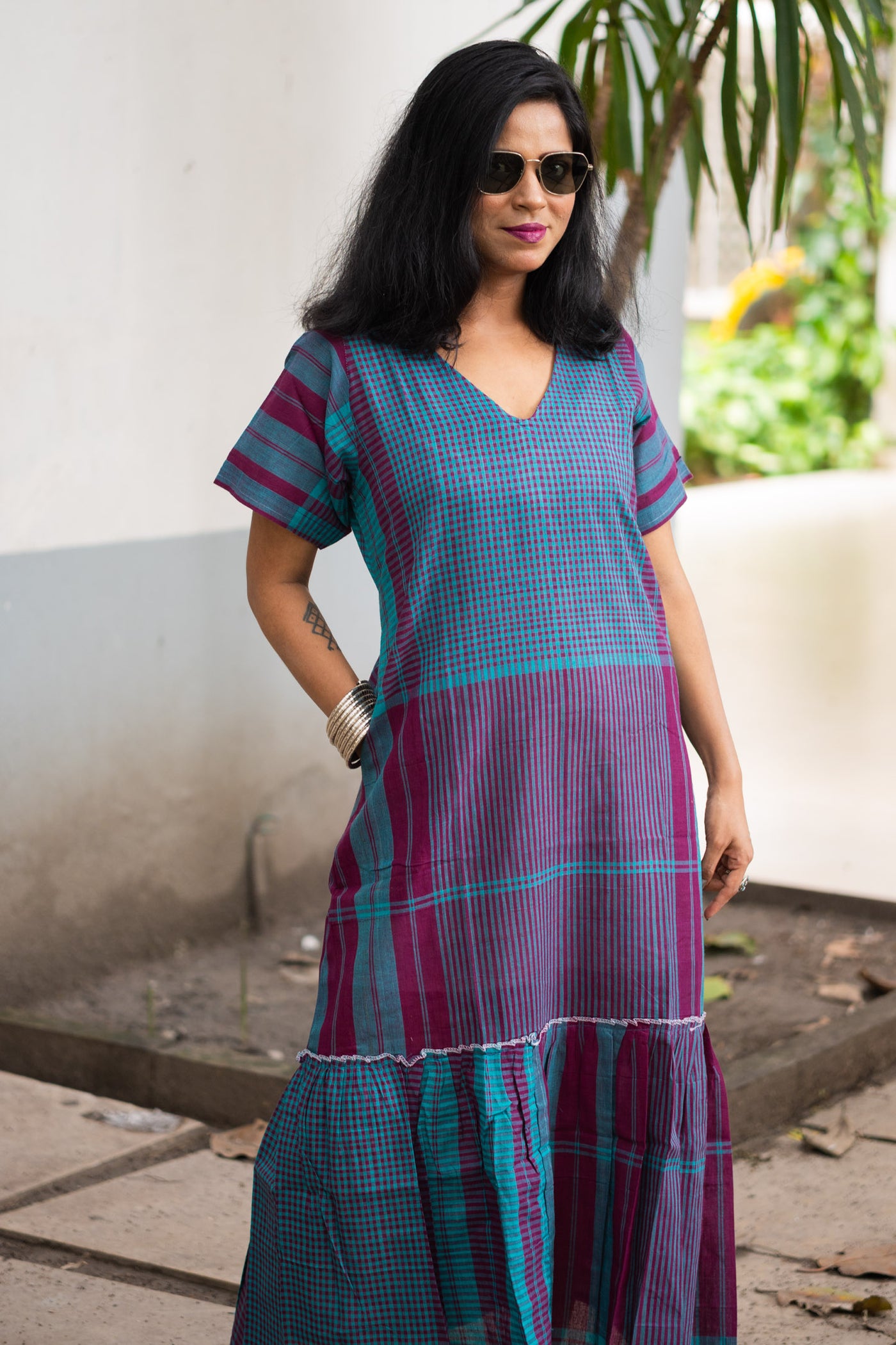 Gamcha Handloom Tiered Maxi Dress — Teal Magenta Check