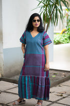 Gamcha Handloom Tiered Maxi Dress — Teal Magenta Check
