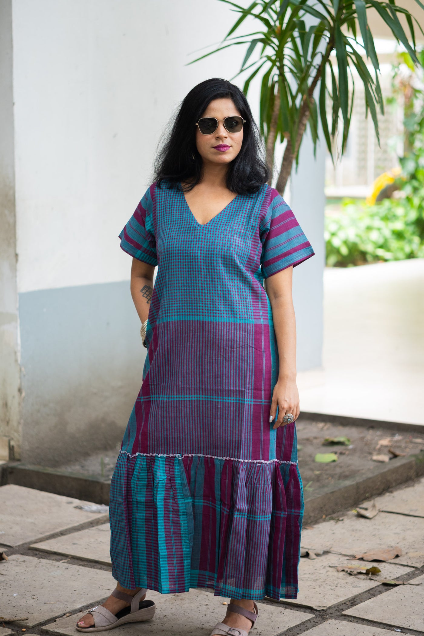 Gamcha Handloom Tiered Maxi Dress — Teal Magenta Check