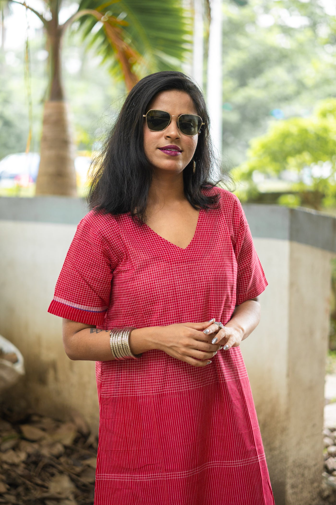 Gamcha Handloom Tiered Maxi Dress — Red Check