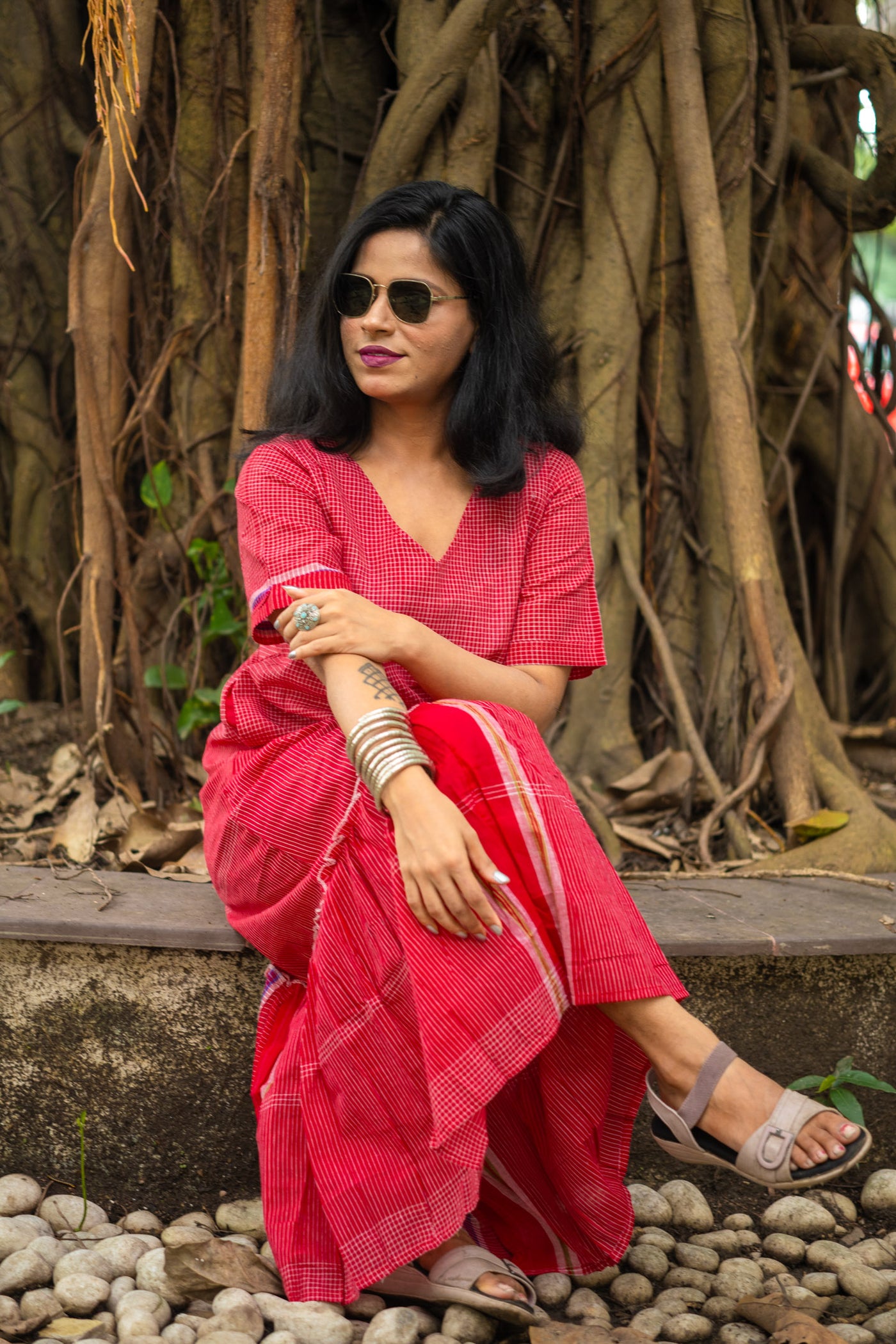 Gamcha Handloom Tiered Maxi Dress — Red Check