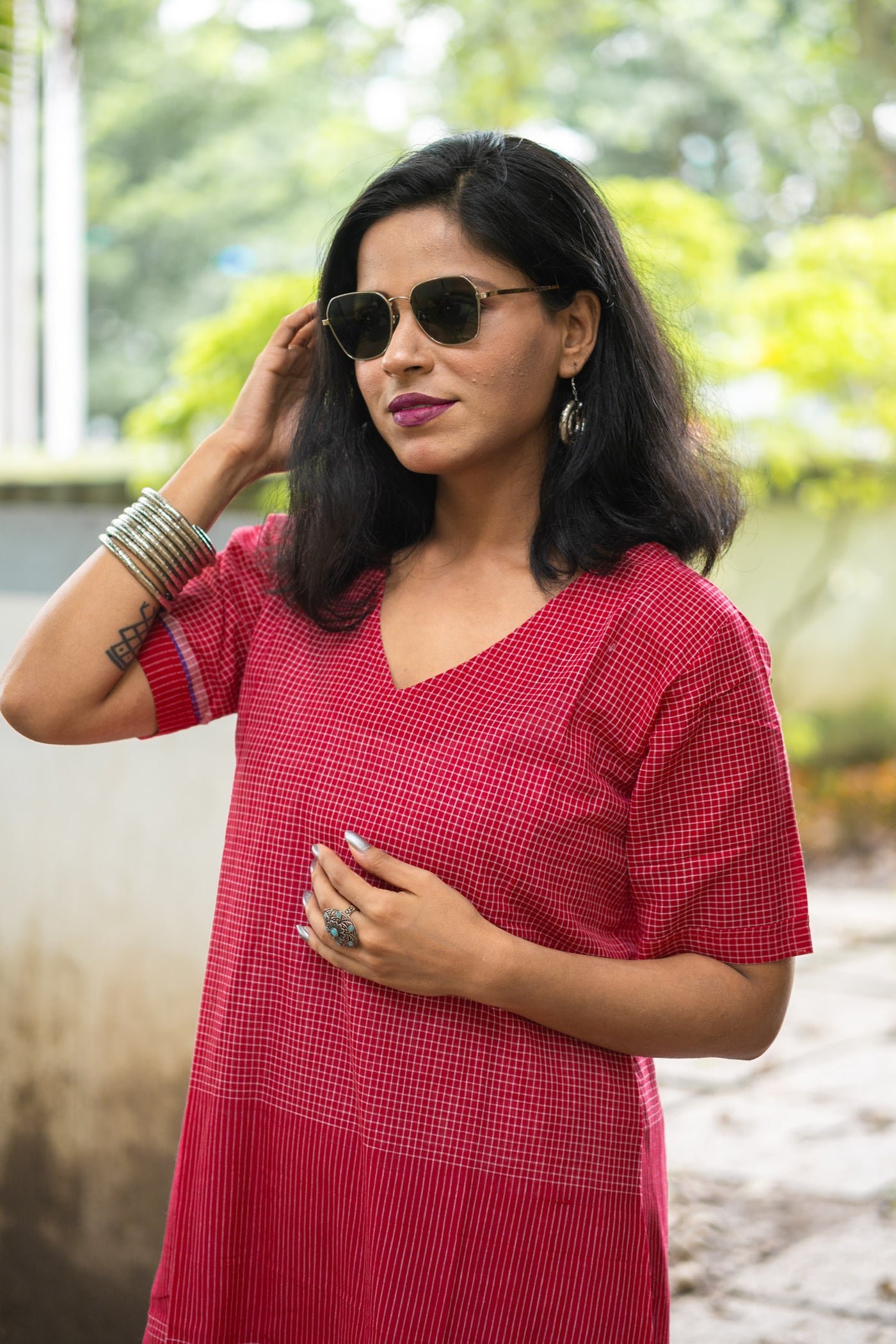 Gamcha Handloom Tiered Maxi Dress — Red Check
