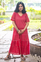 Gamcha Handloom Tiered Maxi Dress — Red Check