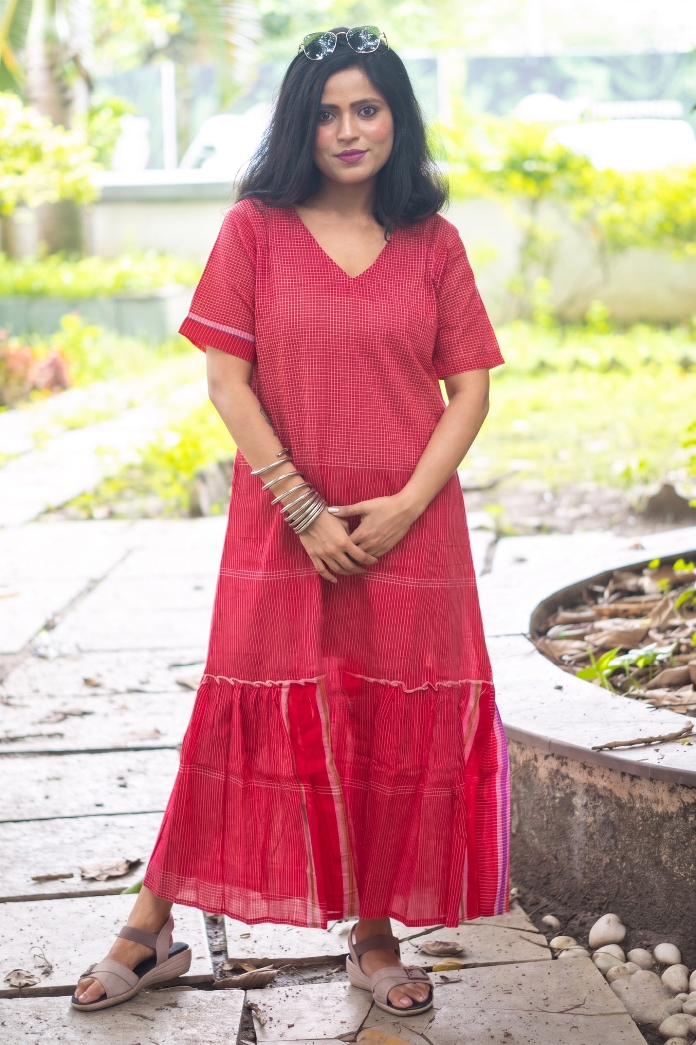 Gamcha Handloom Tiered Maxi Dress — Red Check