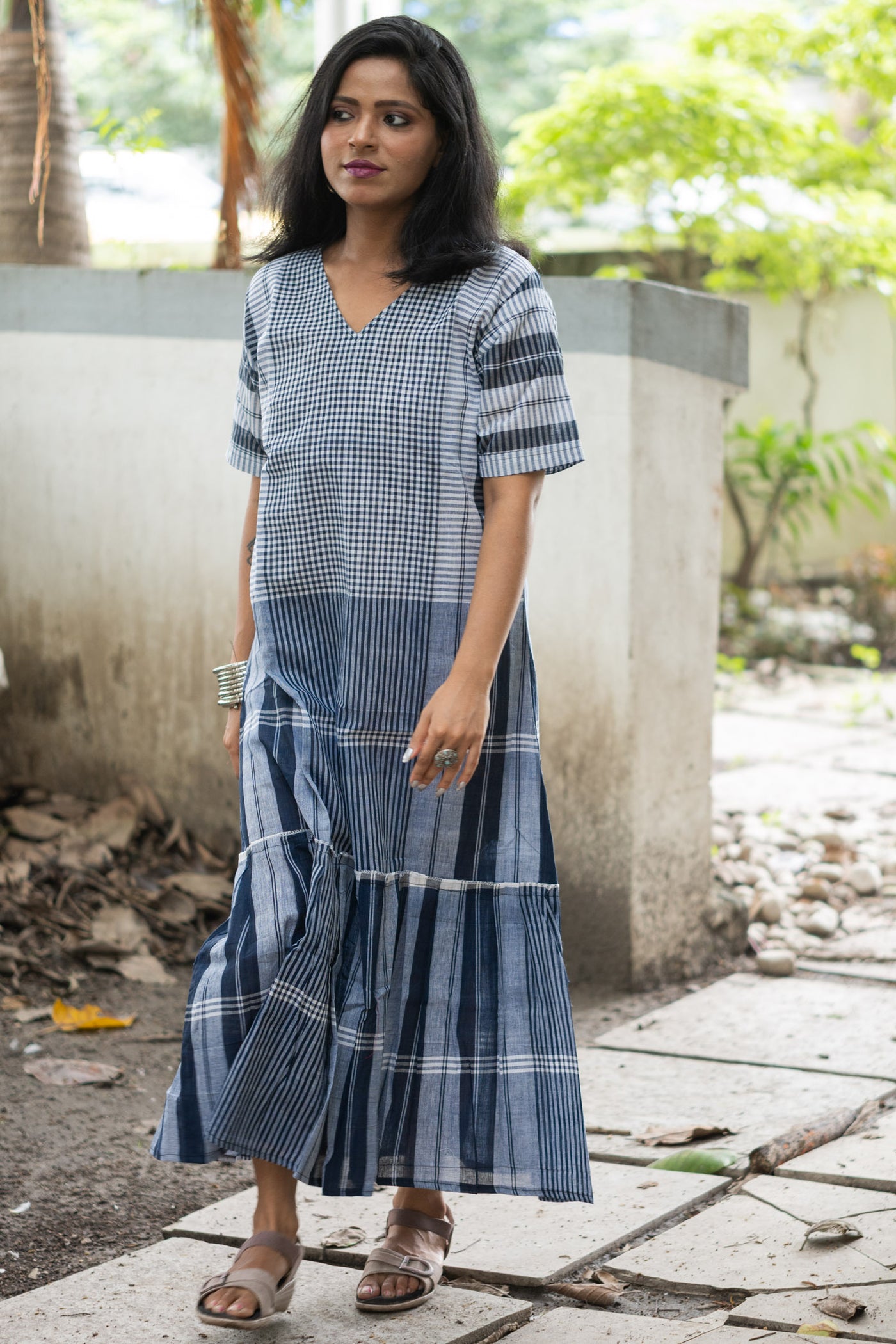 Neelambari Gamcha Weave Tiered Maxi Dress