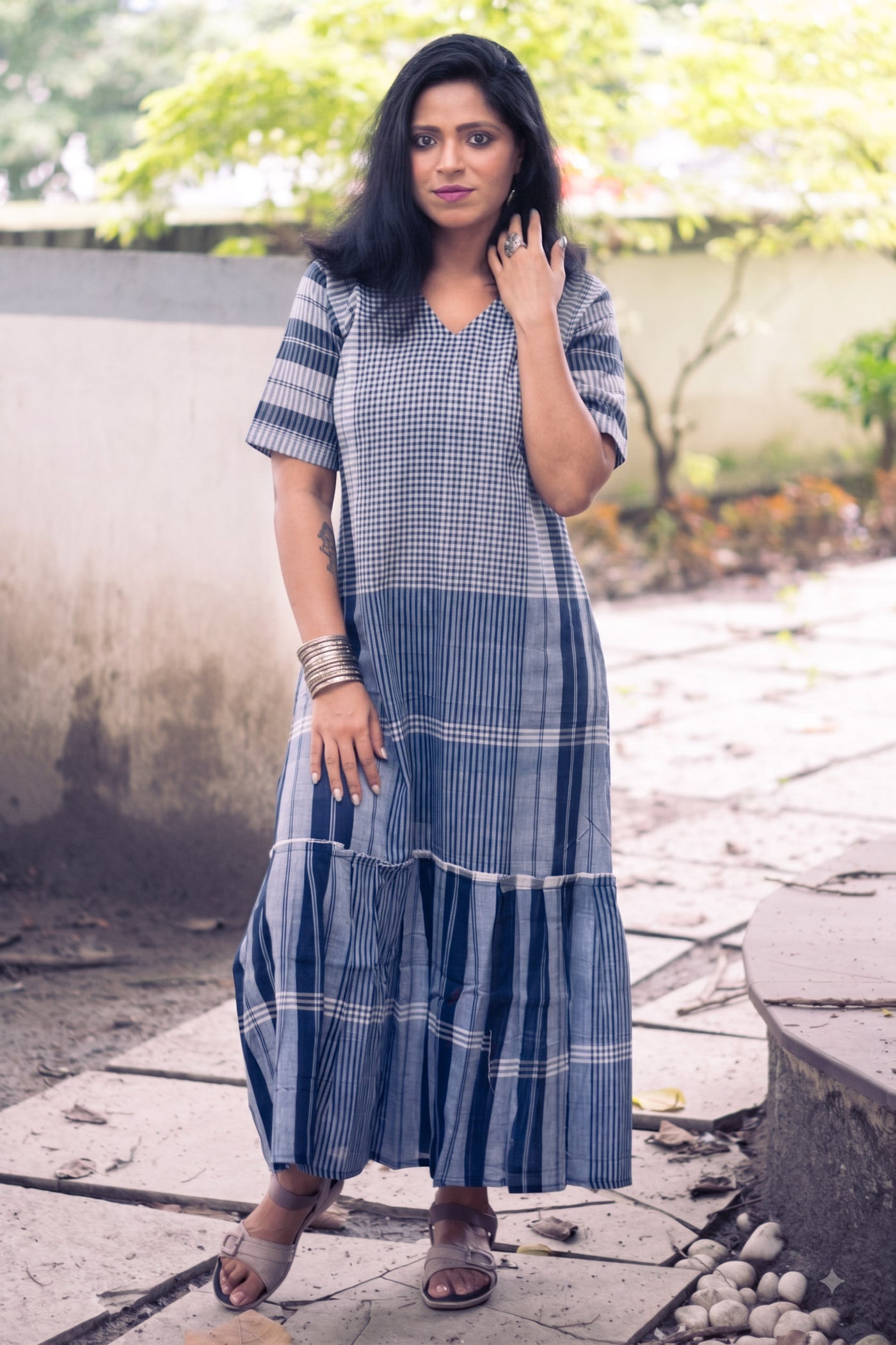 Neelambari Gamcha Weave Tiered Maxi Dress
