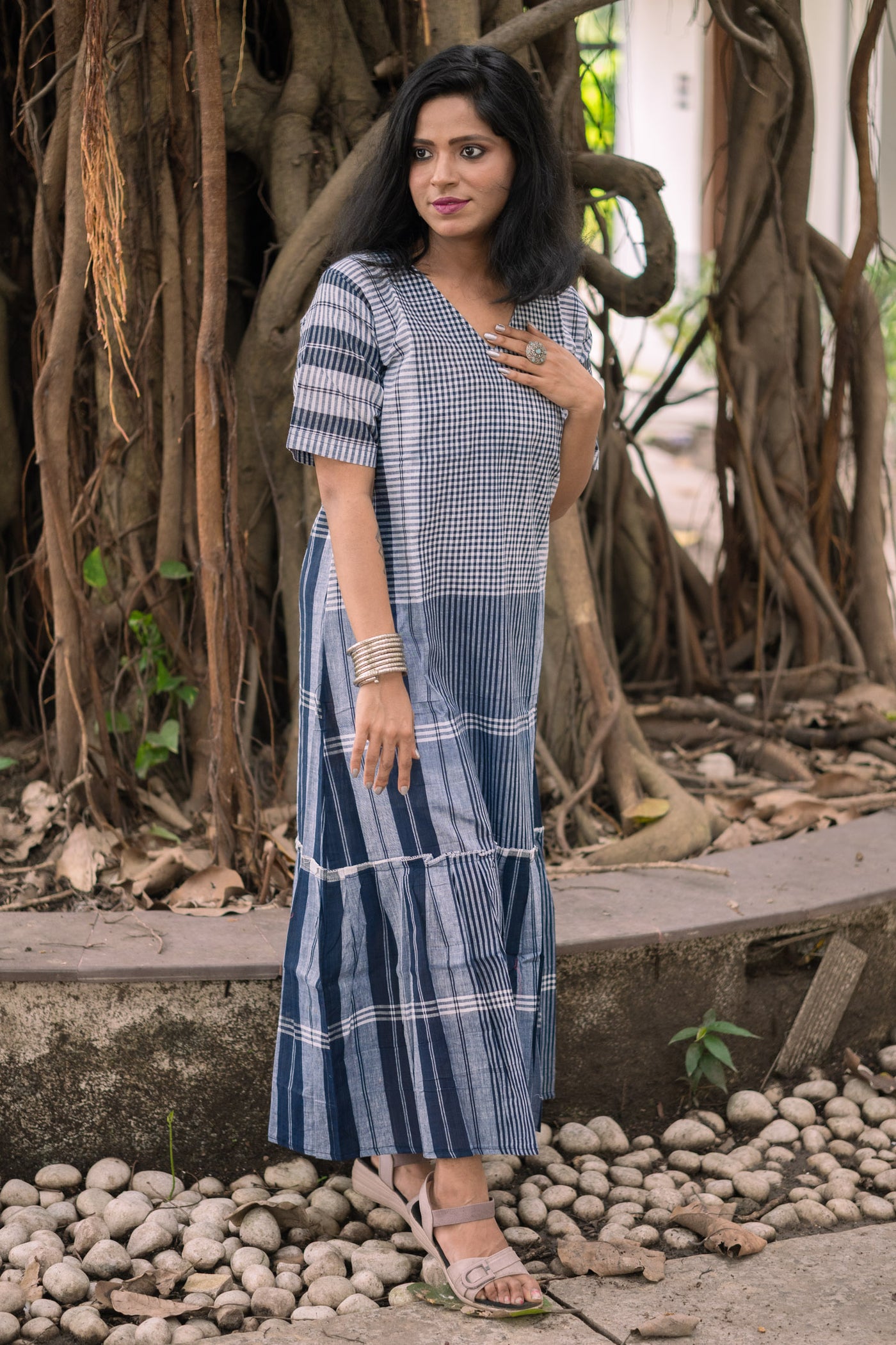 Neelambari Gamcha Weave Tiered Maxi Dress
