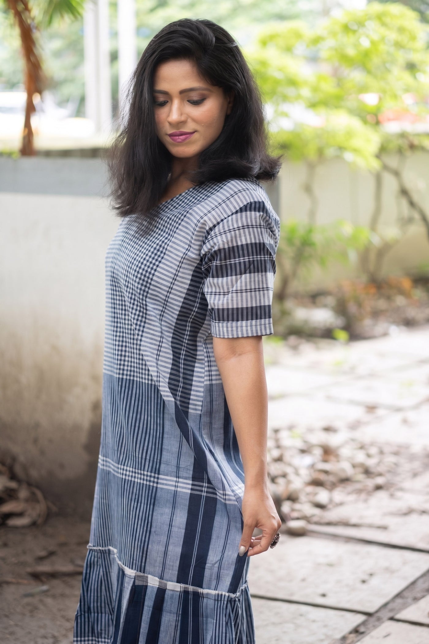 Neelambari Gamcha Weave Tiered Maxi Dress