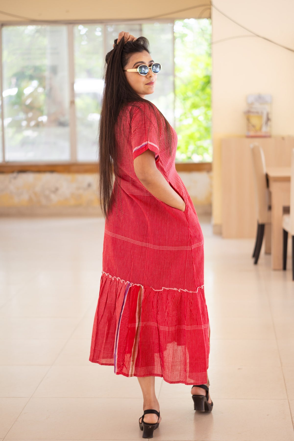Gamcha Handloom Tiered Maxi Dress — Red Check