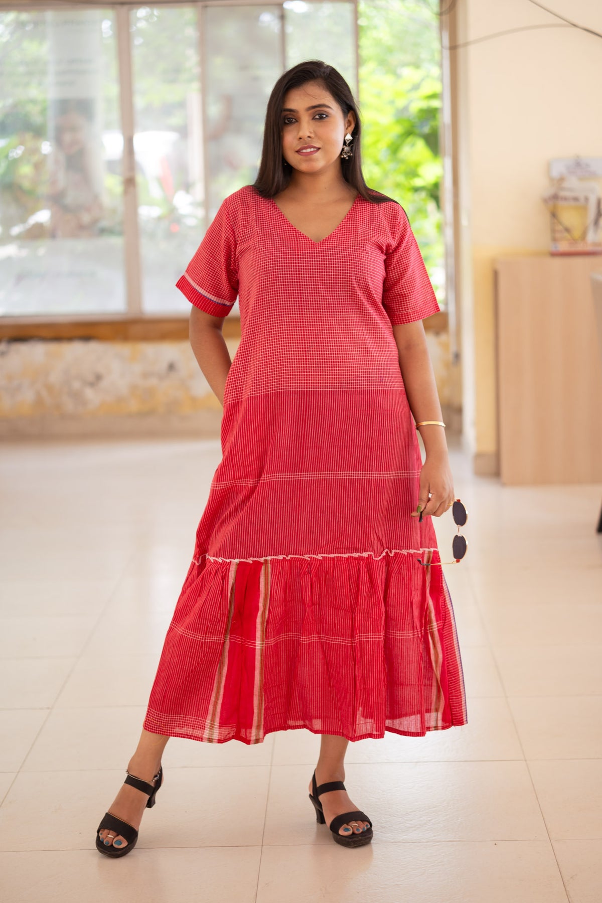 Gamcha Handloom Tiered Maxi Dress — Red Check