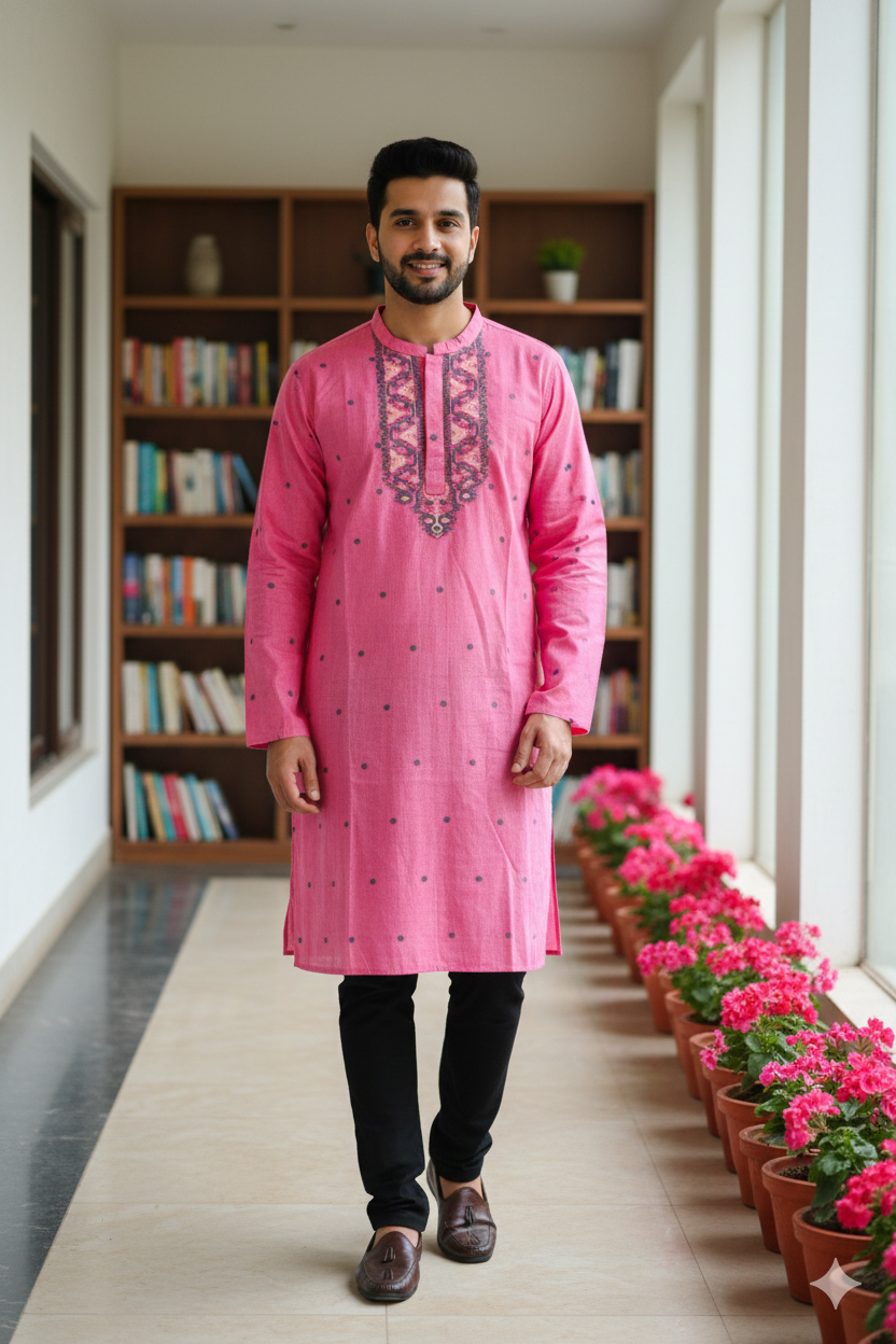 Pink jamdani silk kurta