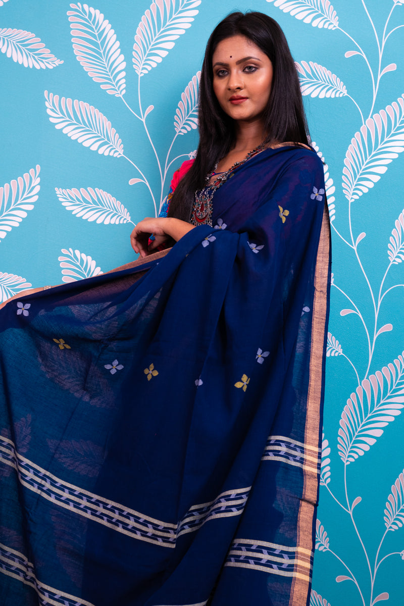Blue handspun Jamdani Saree