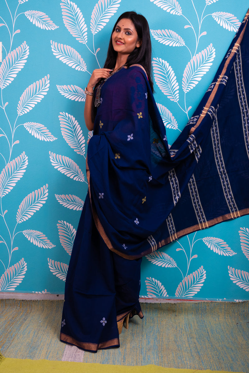 Blue handspun Jamdani Saree