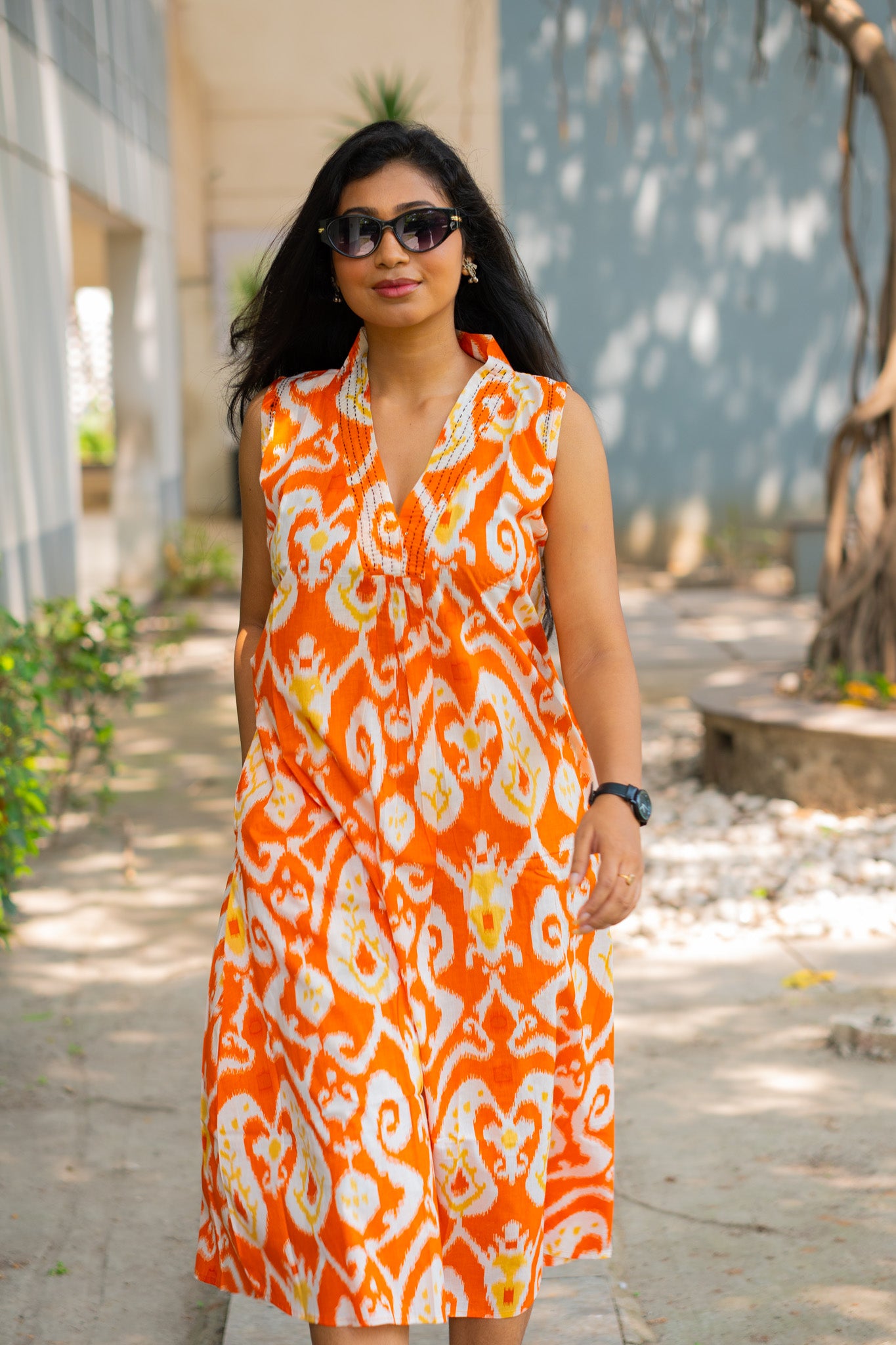 Ikkat  orange Dress - Uttariya
