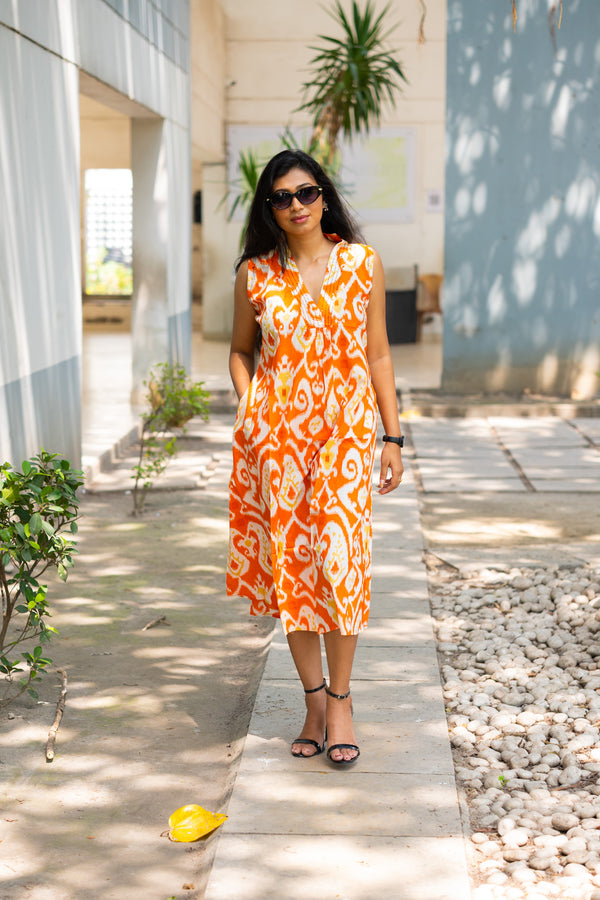 Ikkat  orange Dress - Uttariya