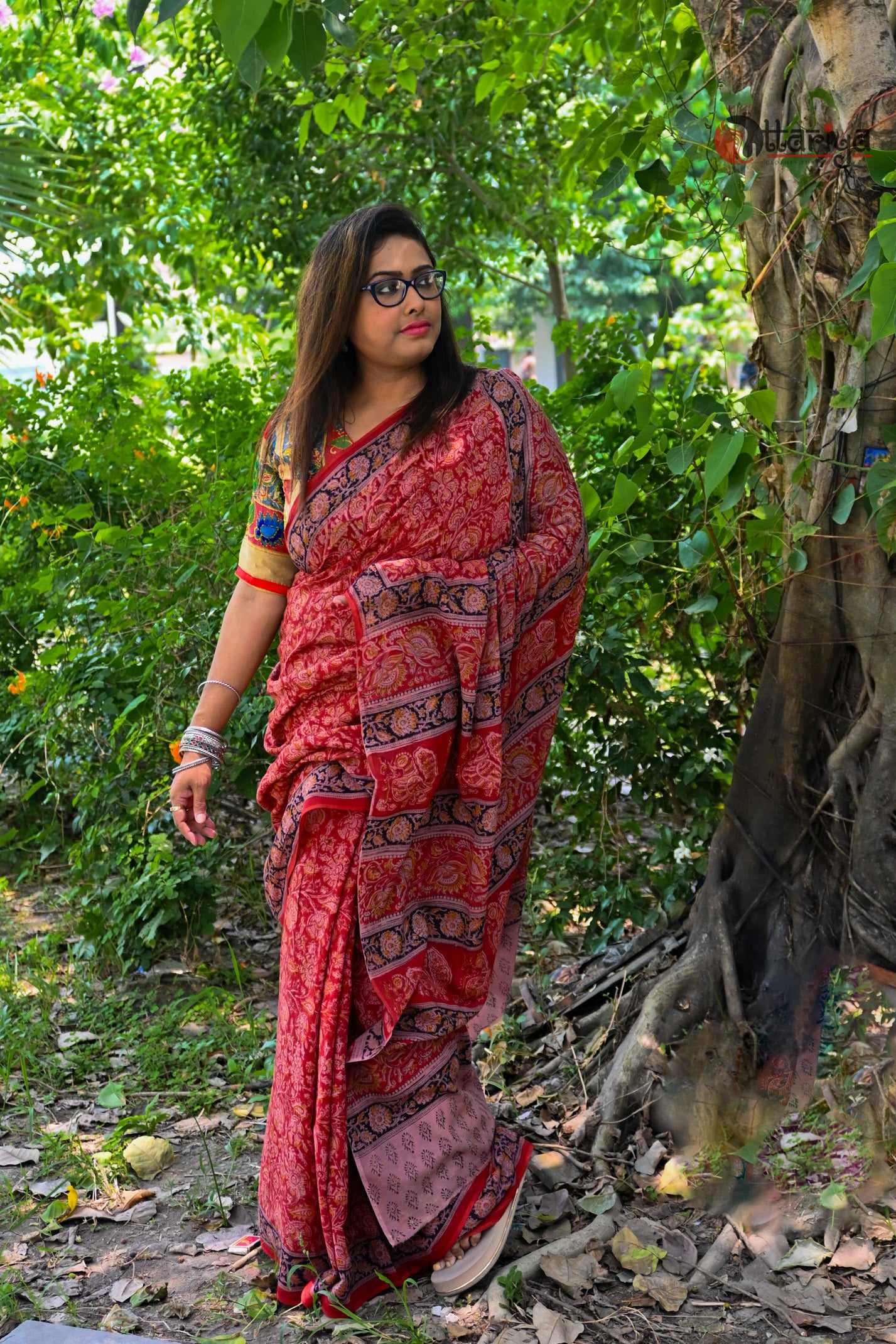 Red Wooden Kalamkari Saree