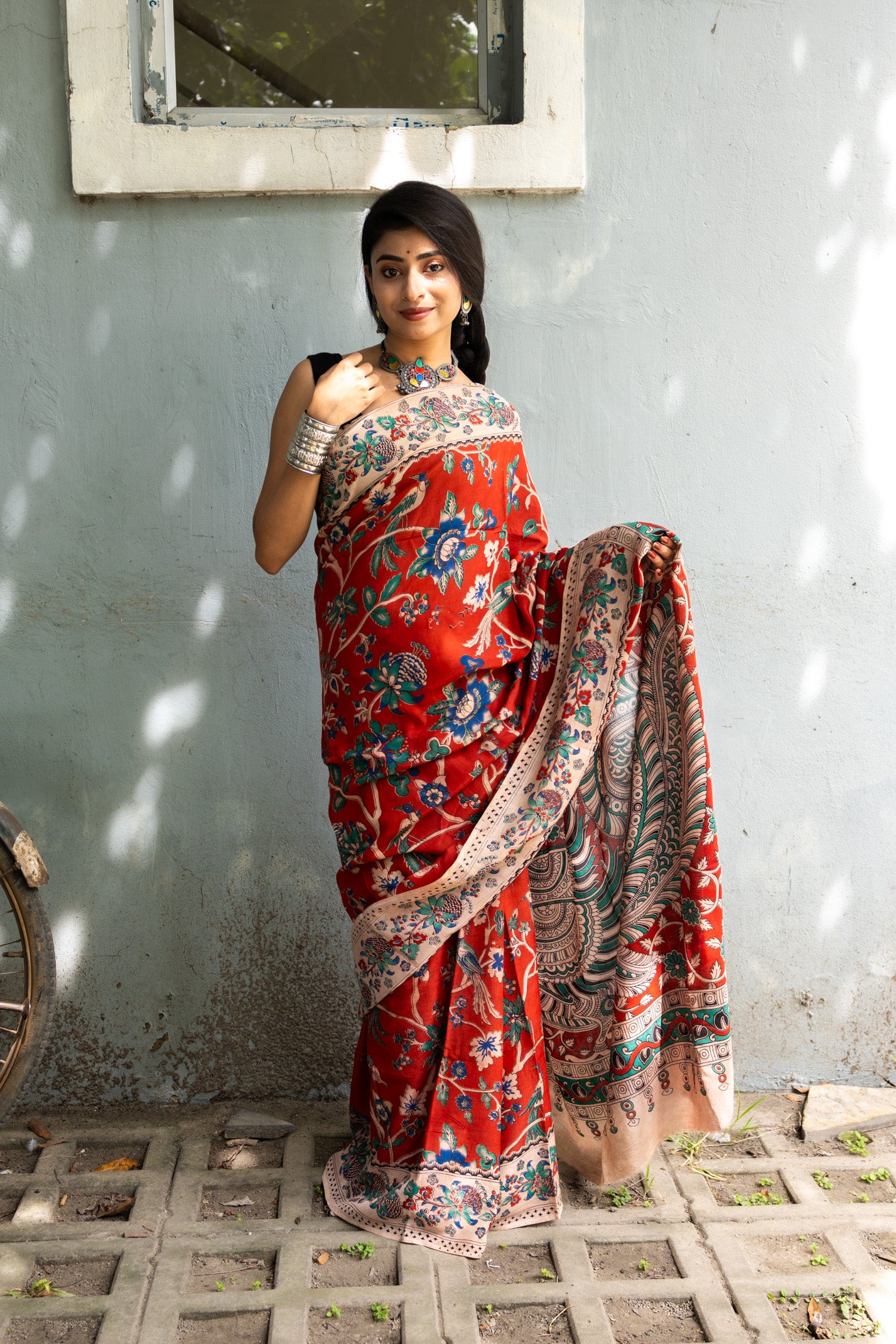 Red beat Kalamkari Silk Saree