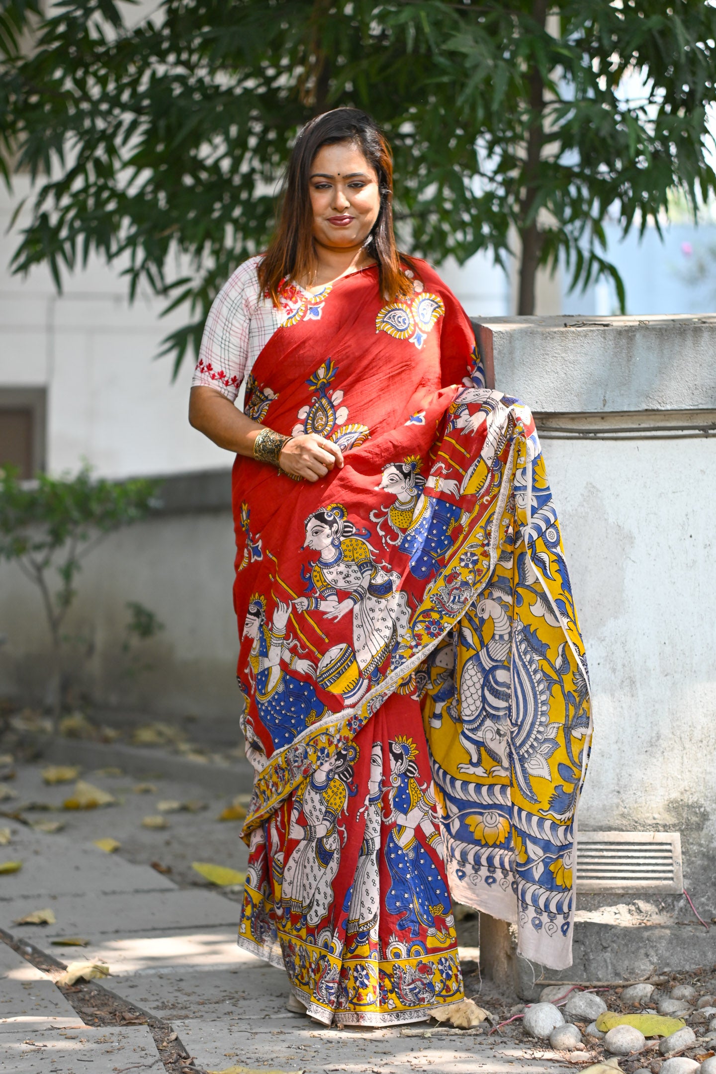 Laal Sutra Kalamkari Saree - Uttariya