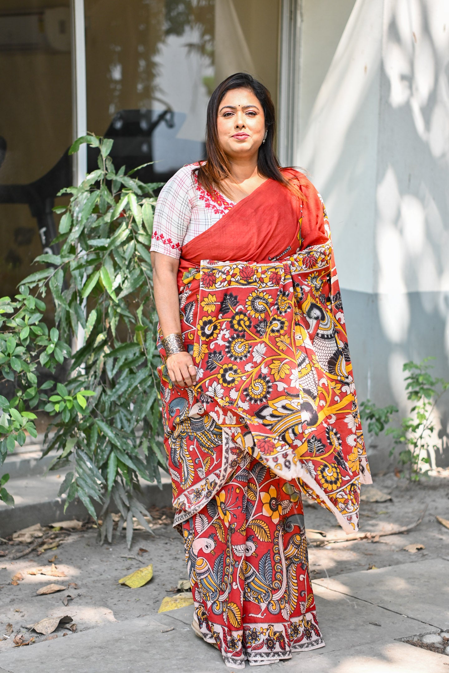 Saffron Rekha Kalamkari Saree - Uttariya