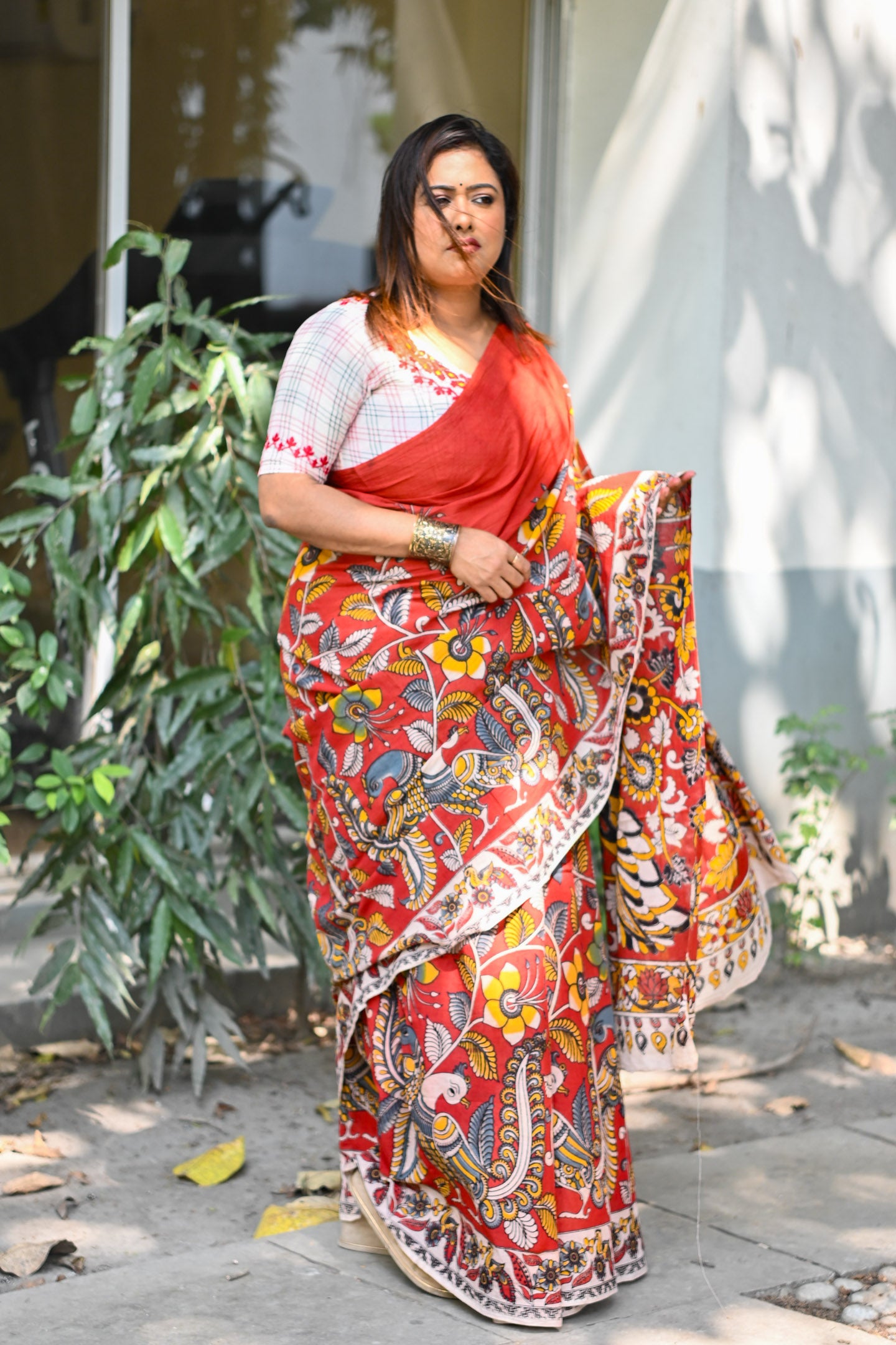 Saffron Rekha Kalamkari Saree - Uttariya