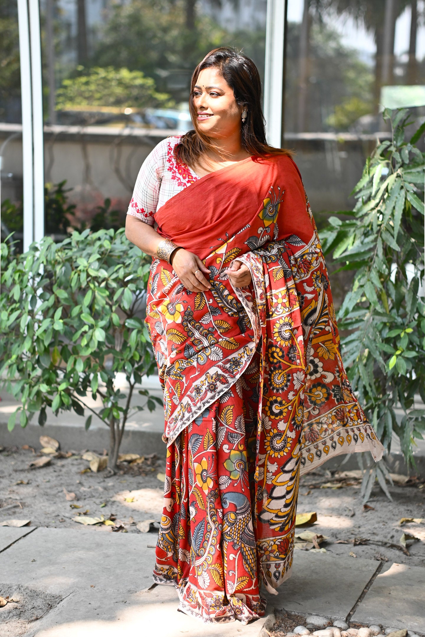 Saffron Rekha Kalamkari Saree - Uttariya
