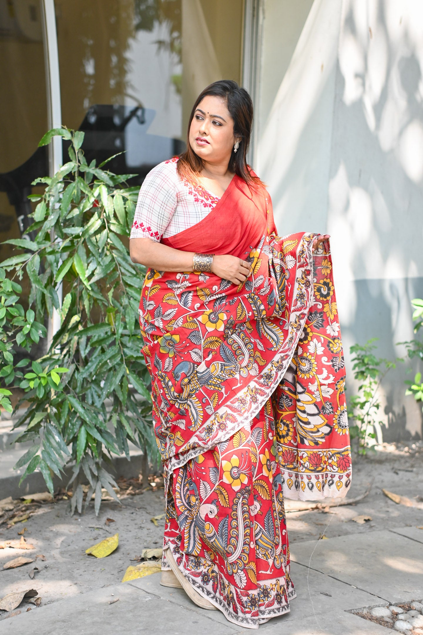 Saffron Rekha Kalamkari Saree - Uttariya