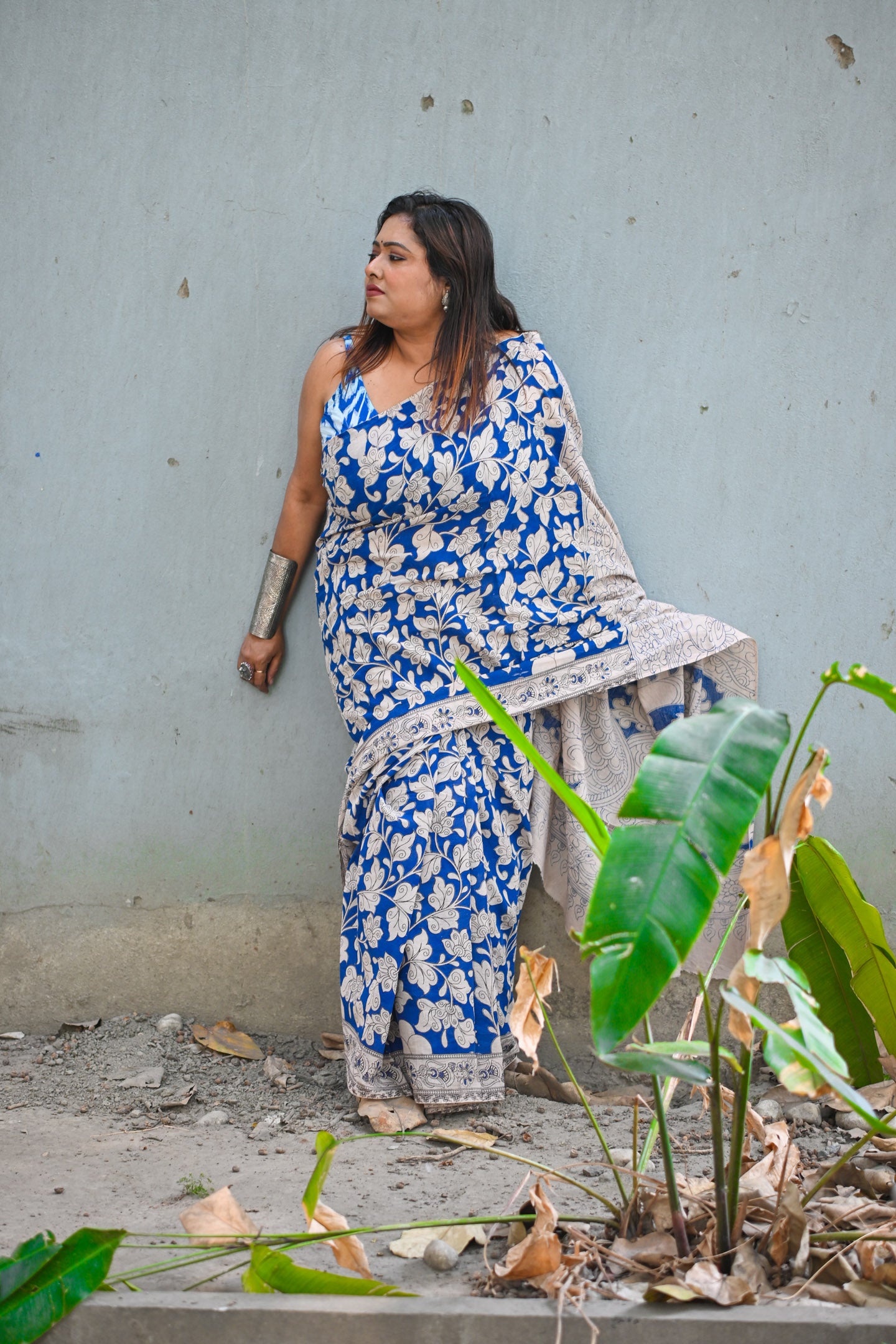 Indigo Vriksha Kalamkari  Saree - Uttariya