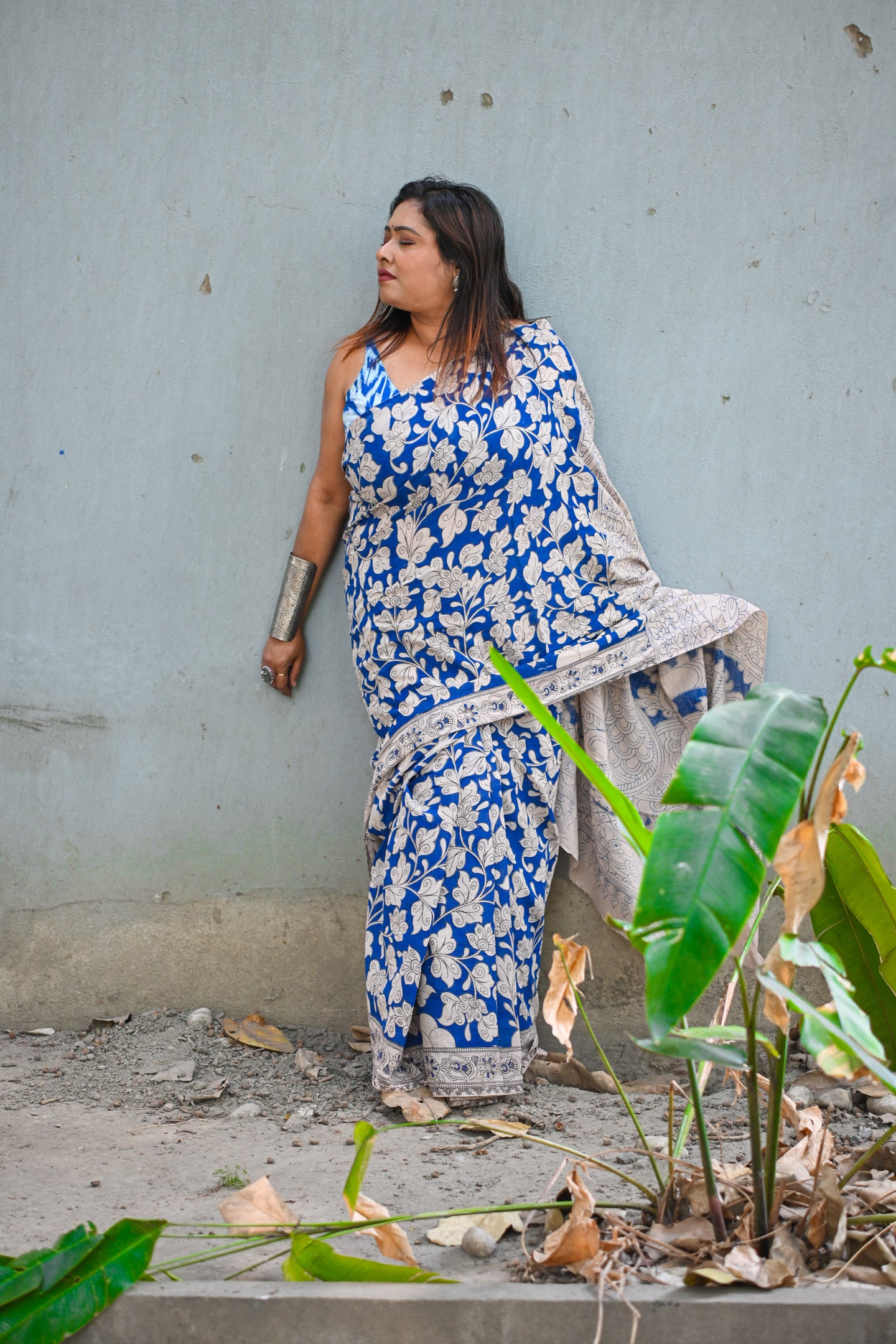 Indigo Vriksha Kalamkari  Saree - Uttariya