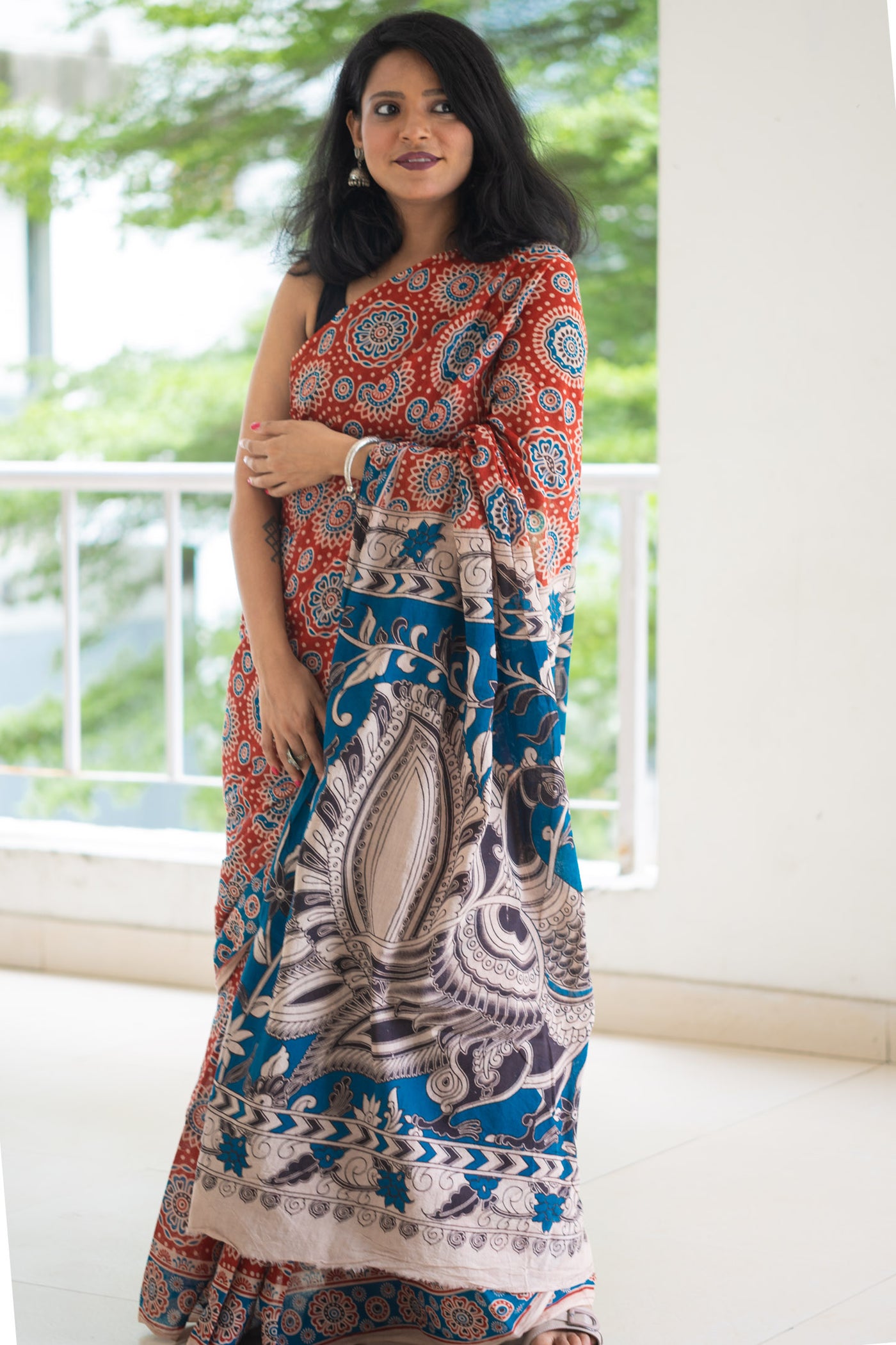 Rust Peacock Kalamkari Cotton Saree