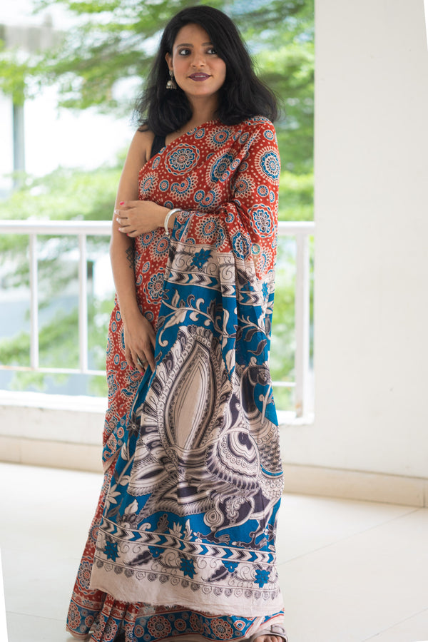 Rust Peacock Kalamkari Cotton Saree