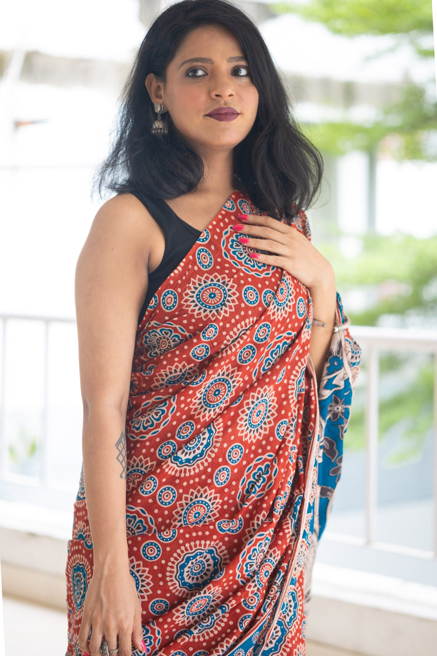 Rust Peacock Kalamkari Cotton Saree