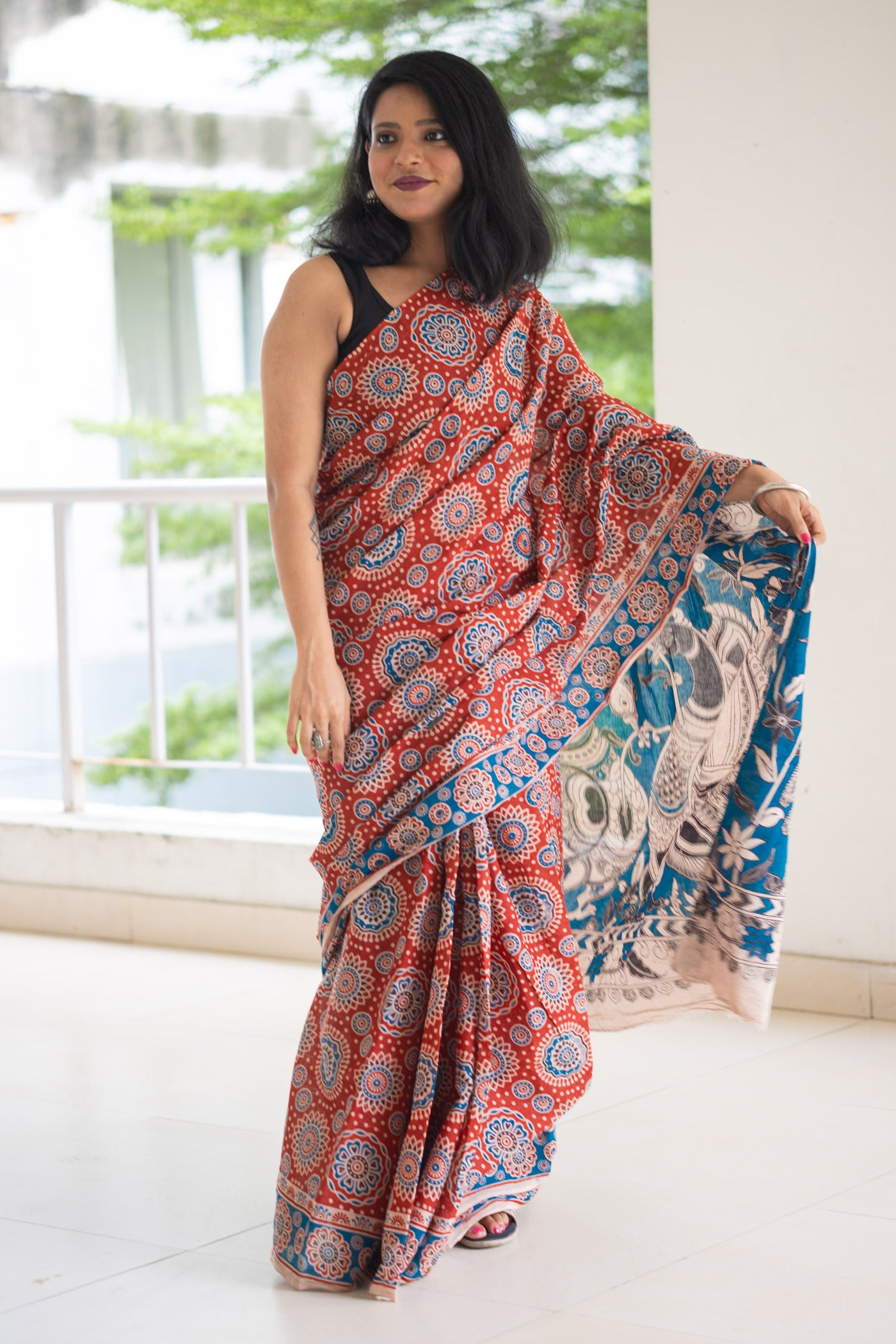 Rust Peacock Kalamkari Cotton Saree