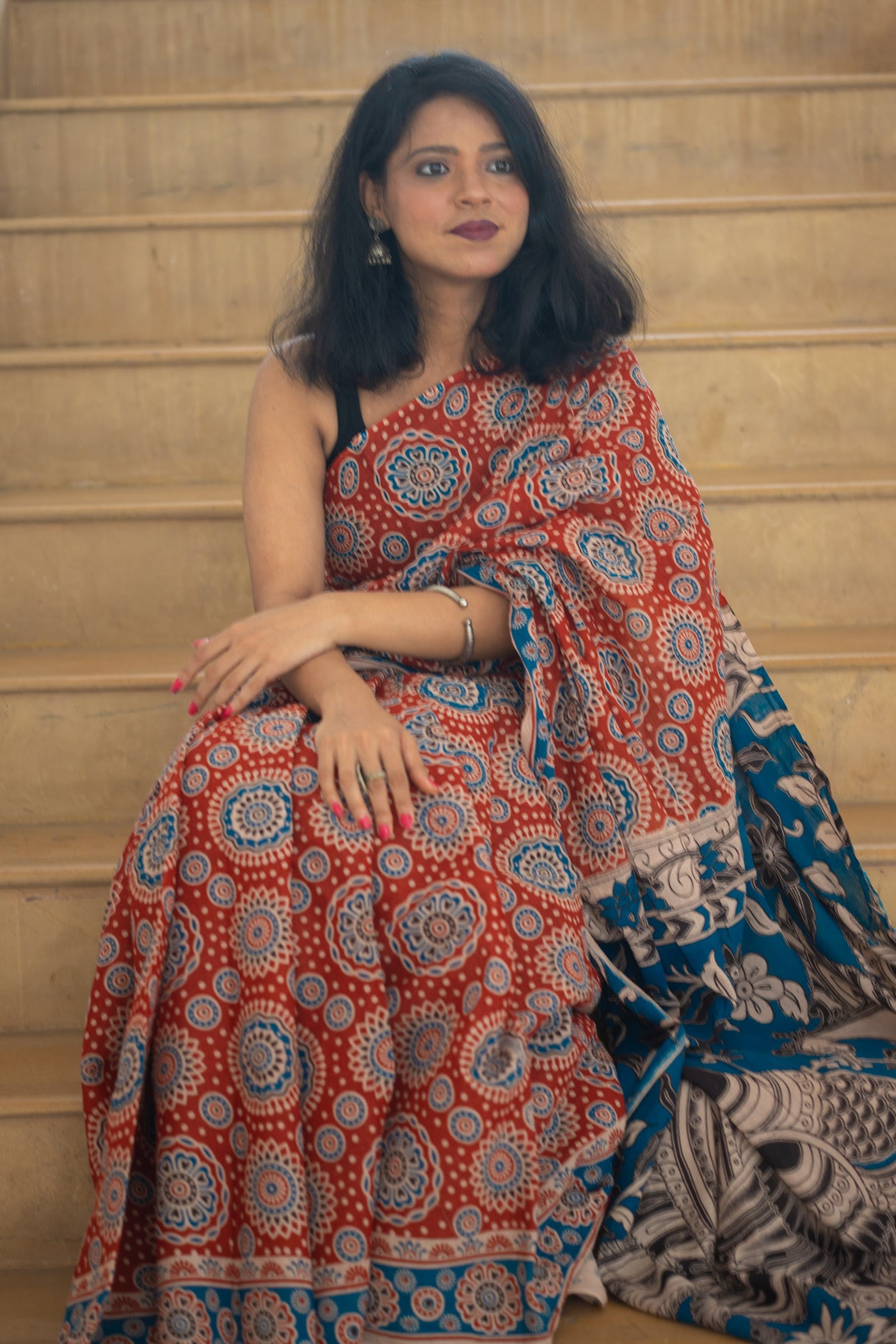 Rust Peacock Kalamkari Cotton Saree
