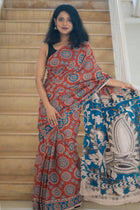 Rust Peacock Kalamkari Cotton Saree