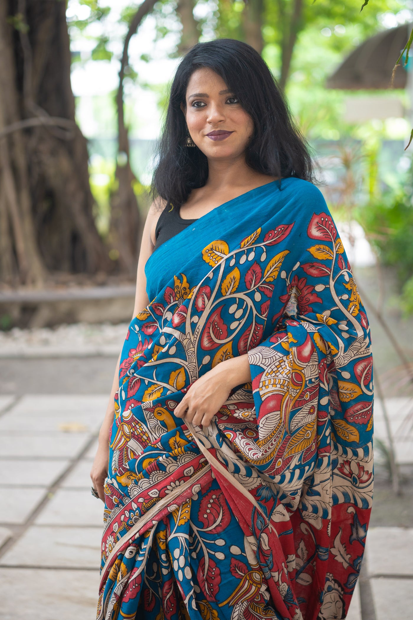 Teal Nayika Kalamkari Cotton Saree