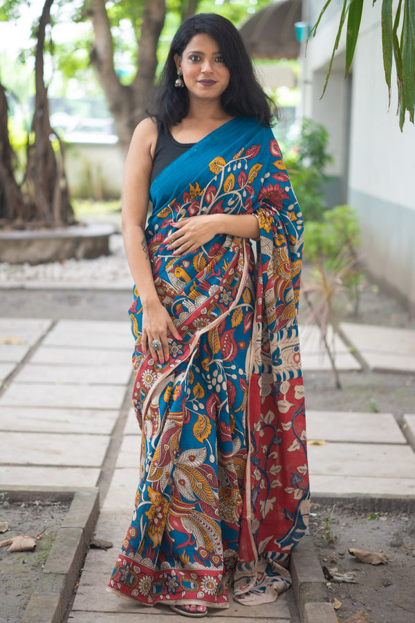 Teal Nayika Kalamkari Cotton Saree