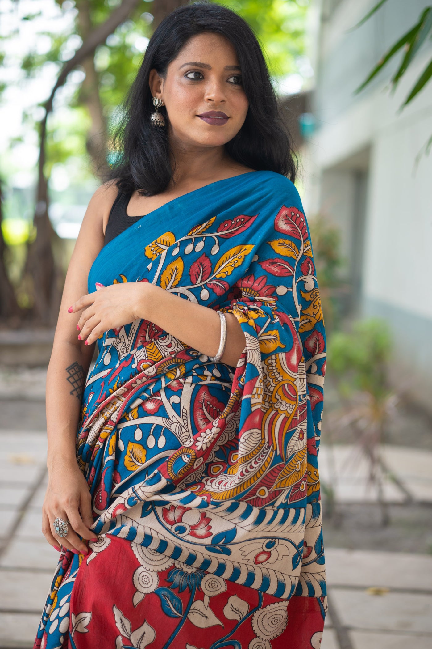Teal Nayika Kalamkari Cotton Saree