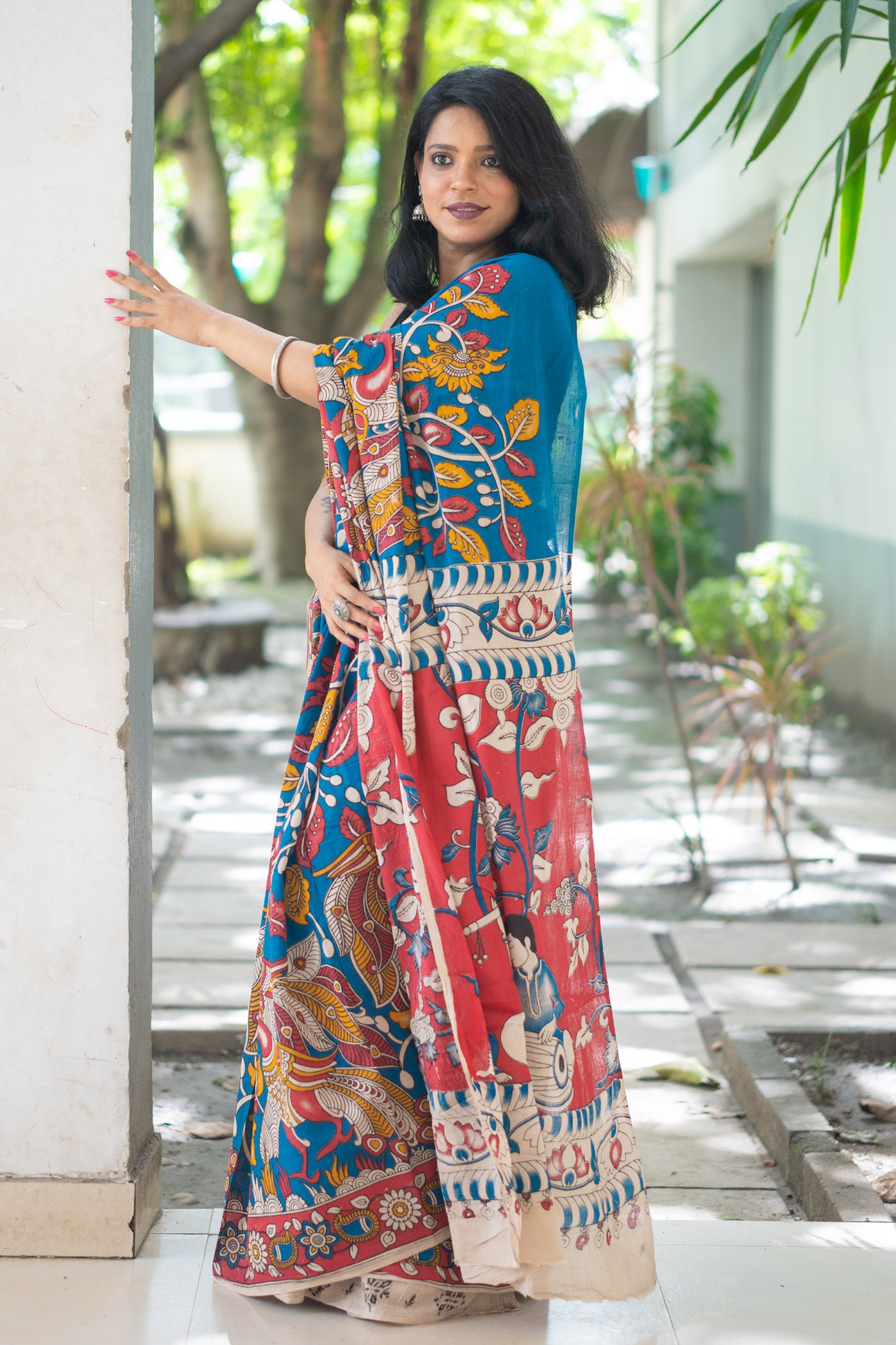 Teal Nayika Kalamkari Cotton Saree