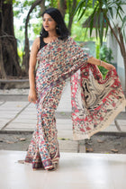 Ivory Lotus Deer Kalamkari Cotton Saree