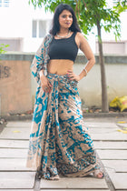 Teal Puranic Kalamkari Cotton Saree