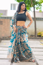 Teal Puranic Kalamkari Cotton Saree