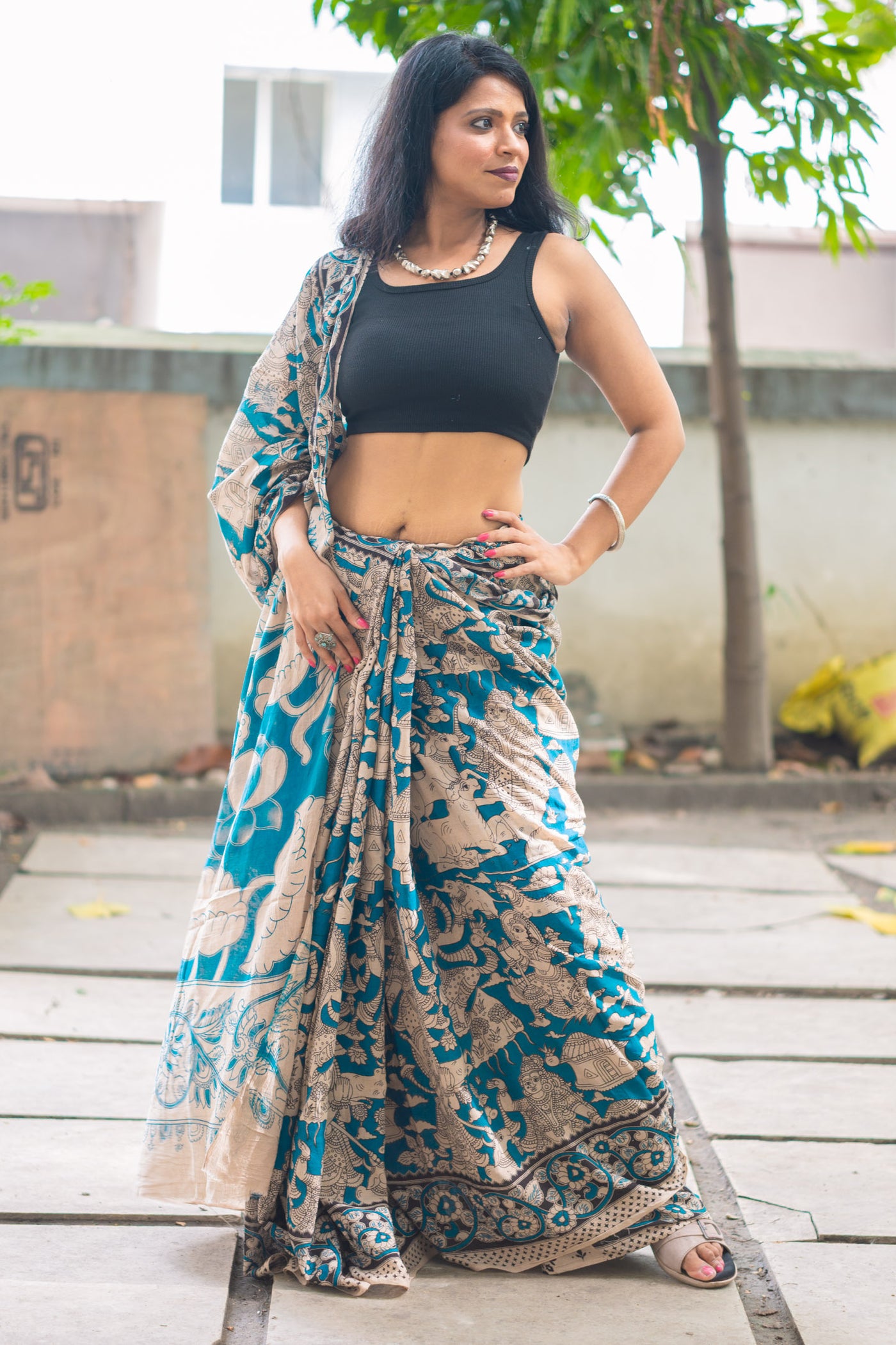 Teal Puranic Kalamkari Cotton Saree