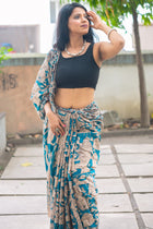 Teal Puranic Kalamkari Cotton Saree
