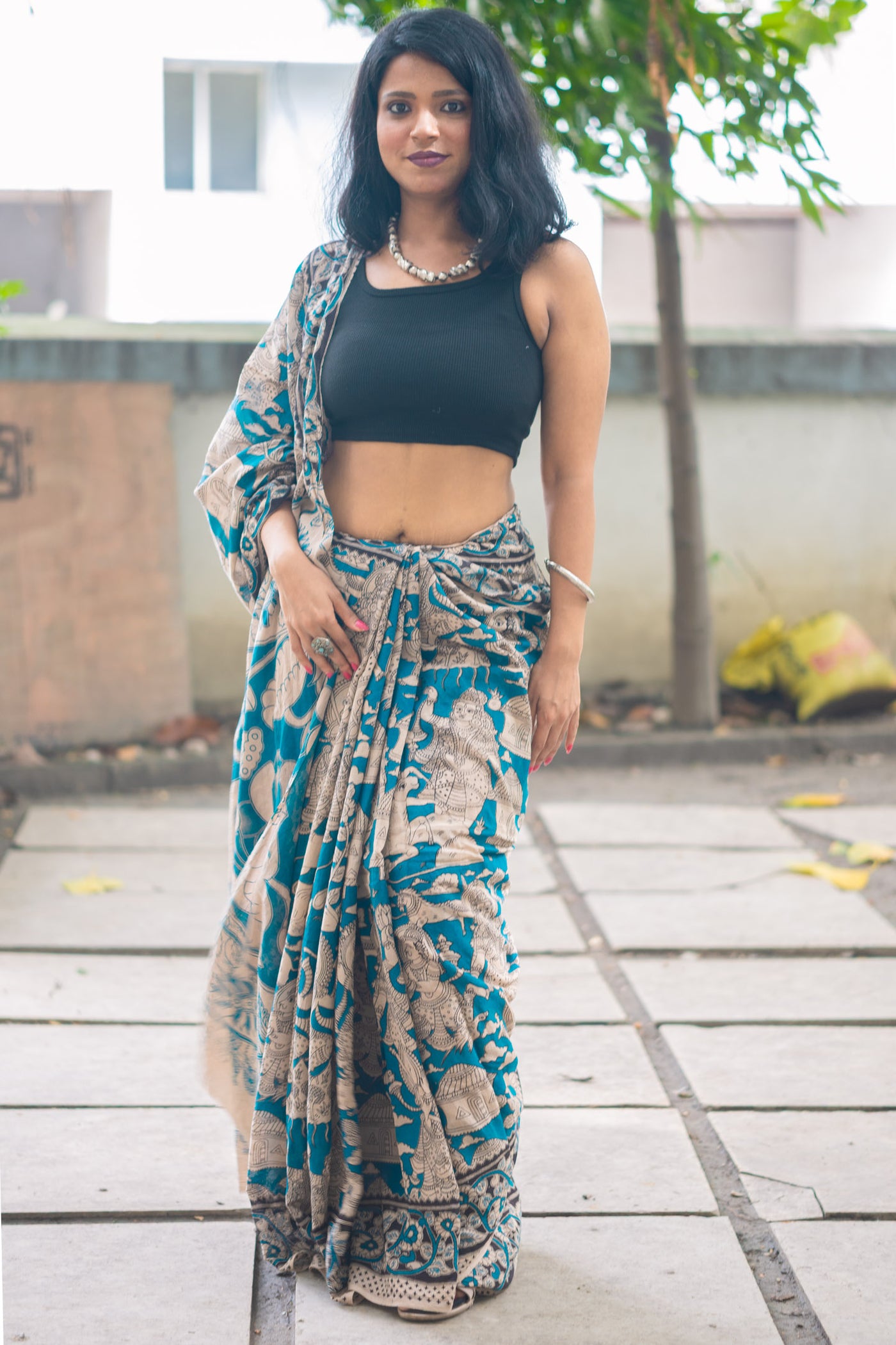 Teal Puranic Kalamkari Cotton Saree