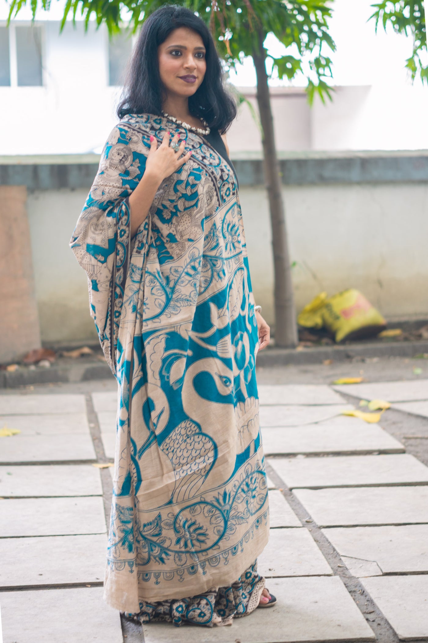 Teal Puranic Kalamkari Cotton Saree