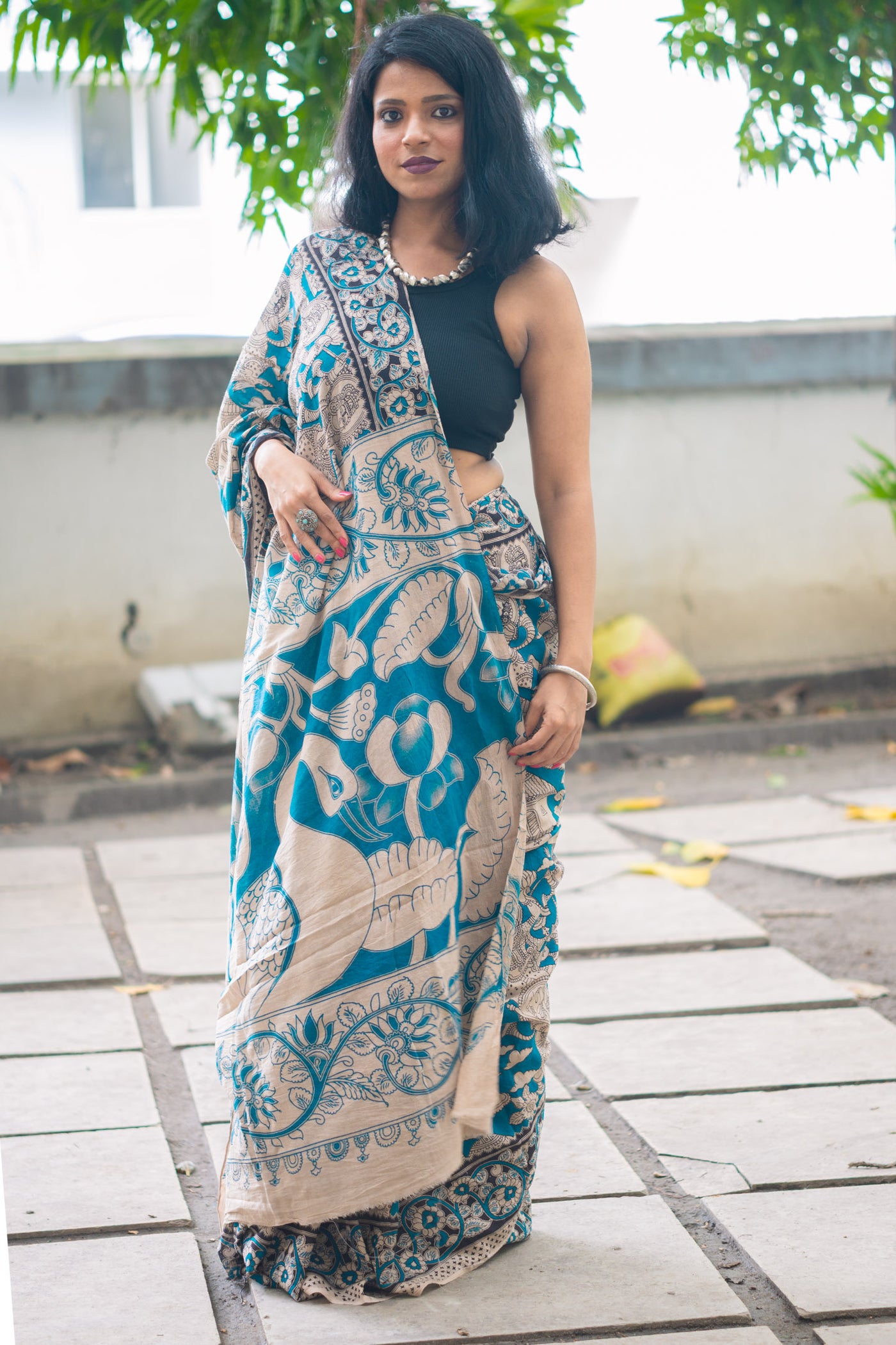 Teal Puranic Kalamkari Cotton Saree