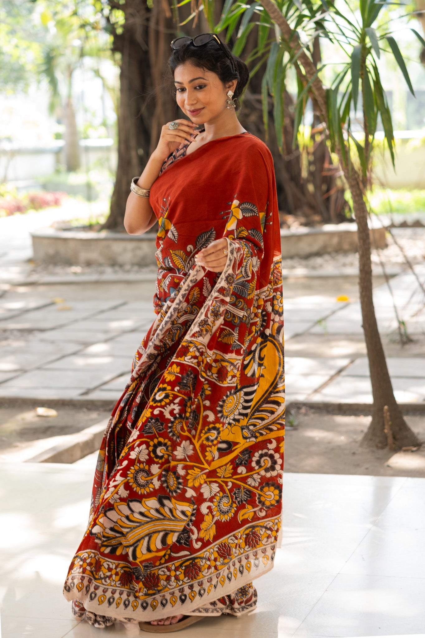 Saffron Rekha Kalamkari Saree - Uttariya
